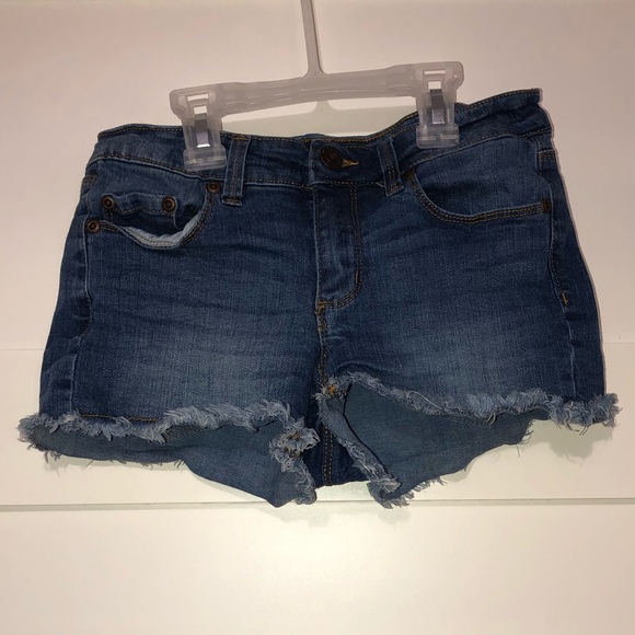 Dmedium-dark wash denim shorts with distressed hem - Picture 1 of 3